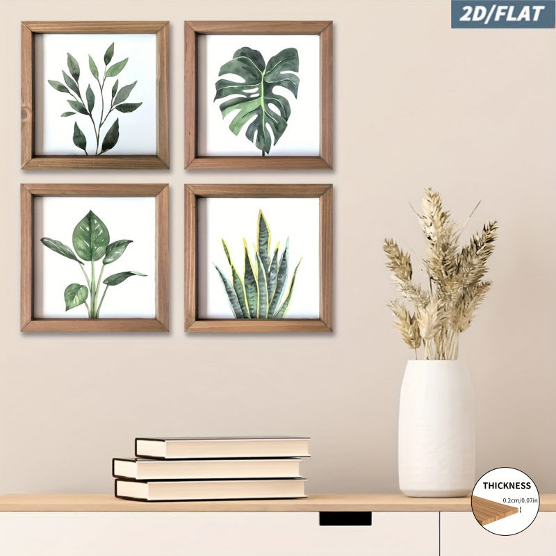 TEMU Ensemble de 4 pièces imprimé en bois plat 2D | Rosemary pièces pour salle de bain | Imprimé de plante minimaliste pour la décoration de chambre