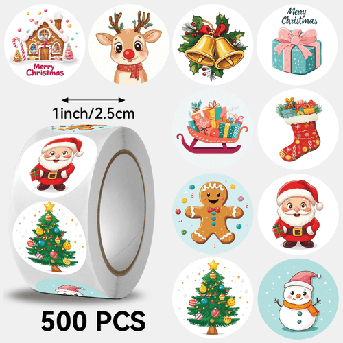 500 pezzi per rotolo, adesivi multicolore con motivo natalizio, misurano 2,5 cm / 1,0 pollice. forma , per regali di natale, da regalare. possono utilizzati per decorare oggetti come , decorazioni per libri, buste, giocattoli.