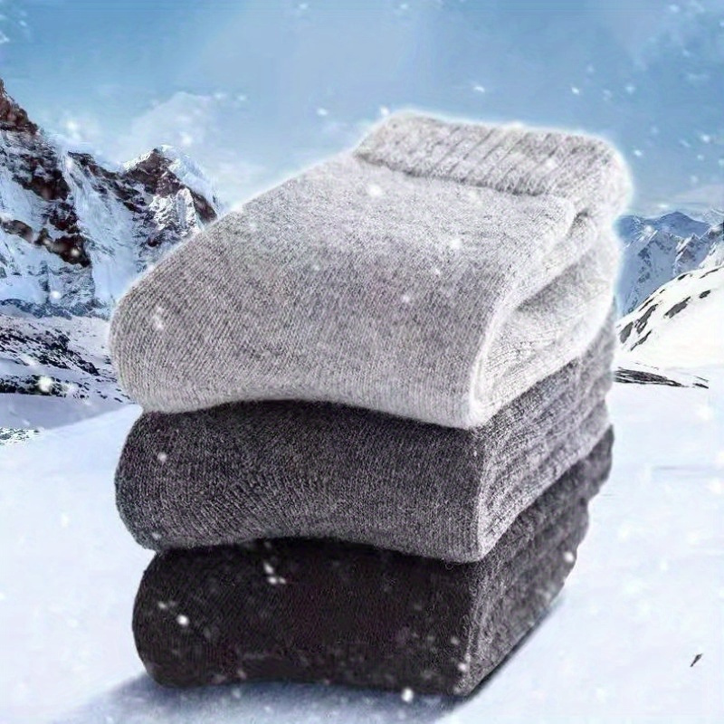 TEMU [ Socks] 3 Pairs Of New Winter Ultra-thick Warm Wool Socks For Men And Women- Retains Heat At-30°c, Suitable For , Solid Color Casual Outdoor