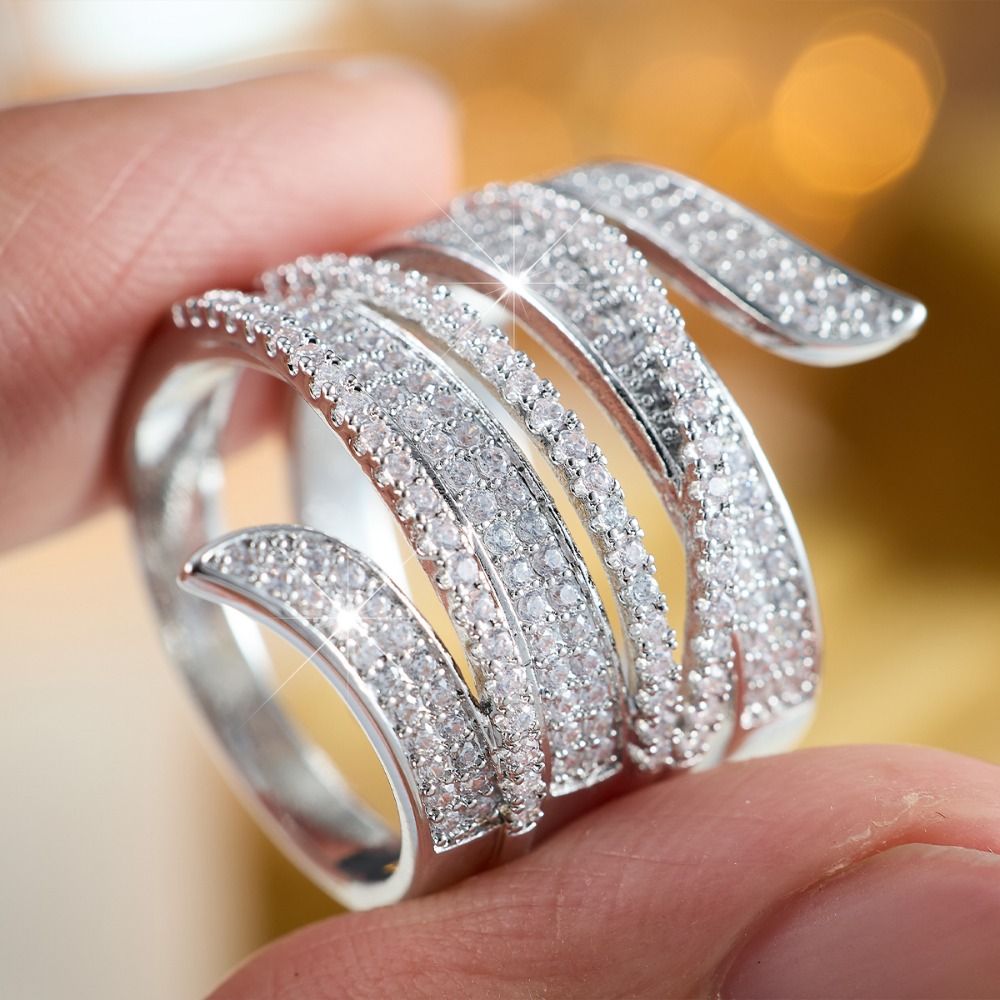 Women's Spiral Winding Inlaid Zirconia Ring, Exaggerated Design