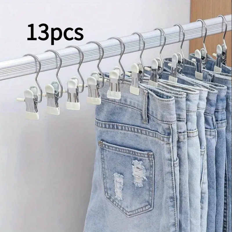 TEMU 13pcs Set Of Metal Jeans Hangers With Clips, Multifunctional Space-saving Pants Rack, 360-degree Rotating Portable Storage Clips, Durable