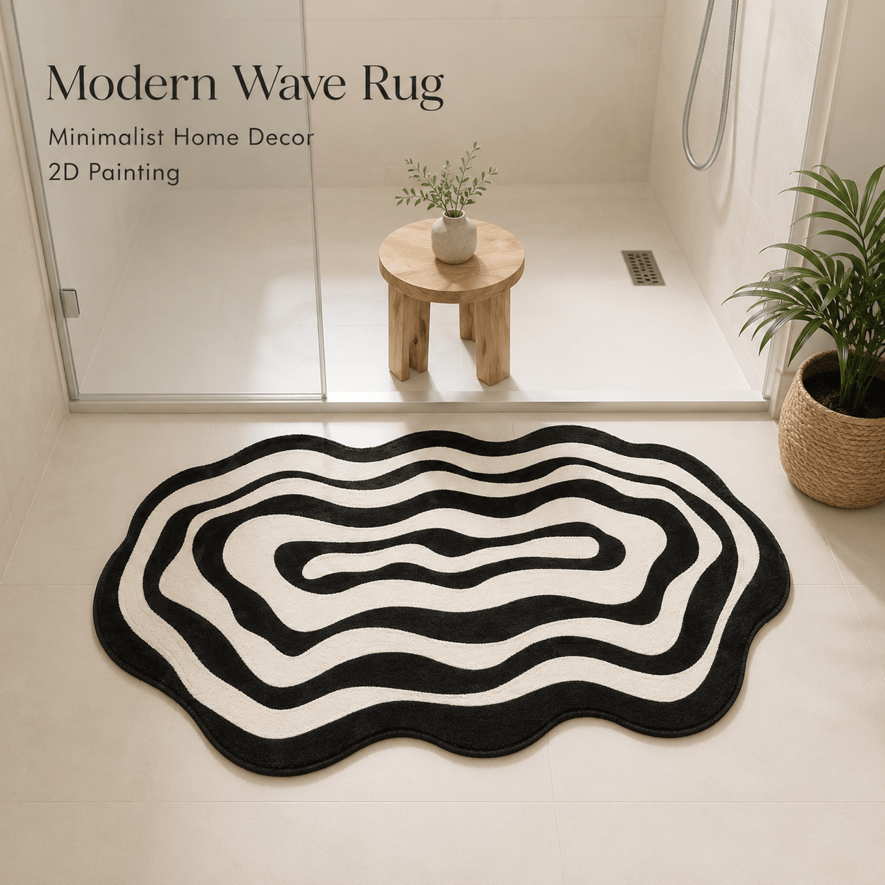 TEMU 850g/m2 Velvet Floor Mat, 1pc, Black And White Wavy Irregular Shape , Minimalist Nordic Style For Bathroom, Absorbent And Non-slip Foot Mat For