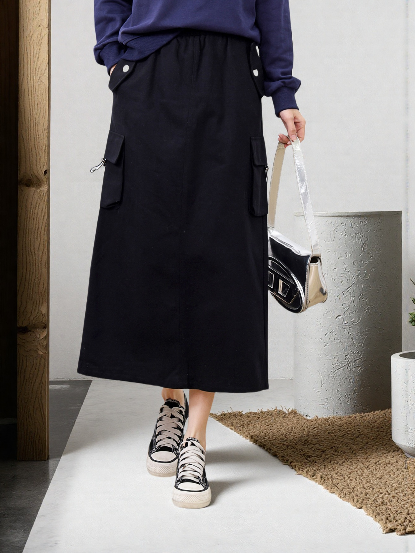 womens vintage workwear midi skirt black a line button front