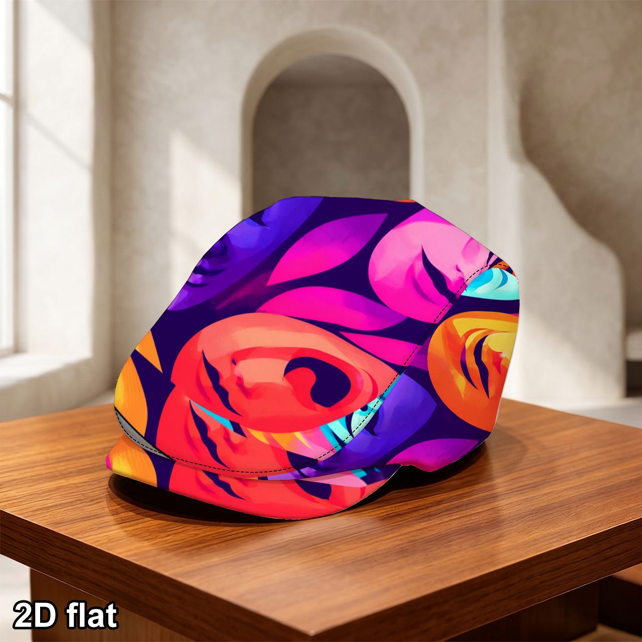 item picture 1pc 2    beret with vibrant abstract floral pattern colorful interweaving of   orange and yellow modern   hat surface print design   button vintage   hat front curved brim adjustable flat