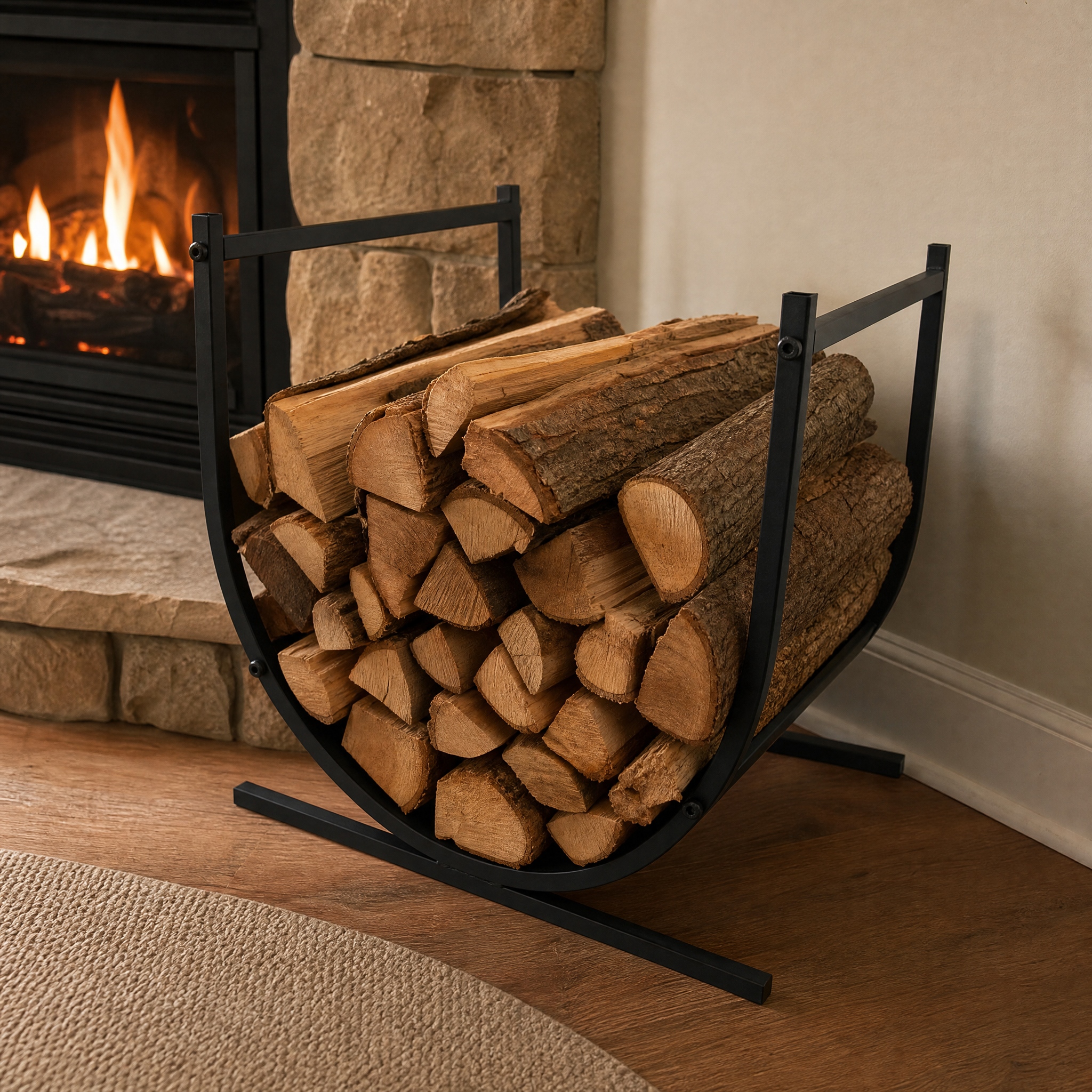 Image of Heavy-duty Metal Firewood Rack For Indoor & Outdoor Use, Semi-circular Firewood Holder, Black Powder-coated, Rustic Log Storage Rack For Fireplace, Patio & Porch