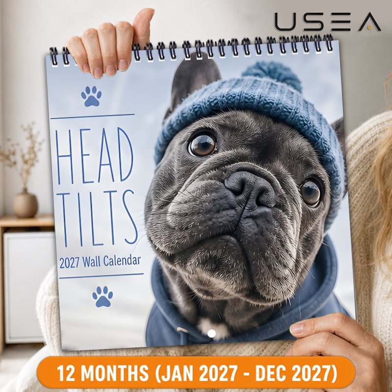 TEMU Calendrier mural 2027 – Présentant un français inclinant et un thème de chiot . Il est doté d'une reliure à double fil métallique et indique