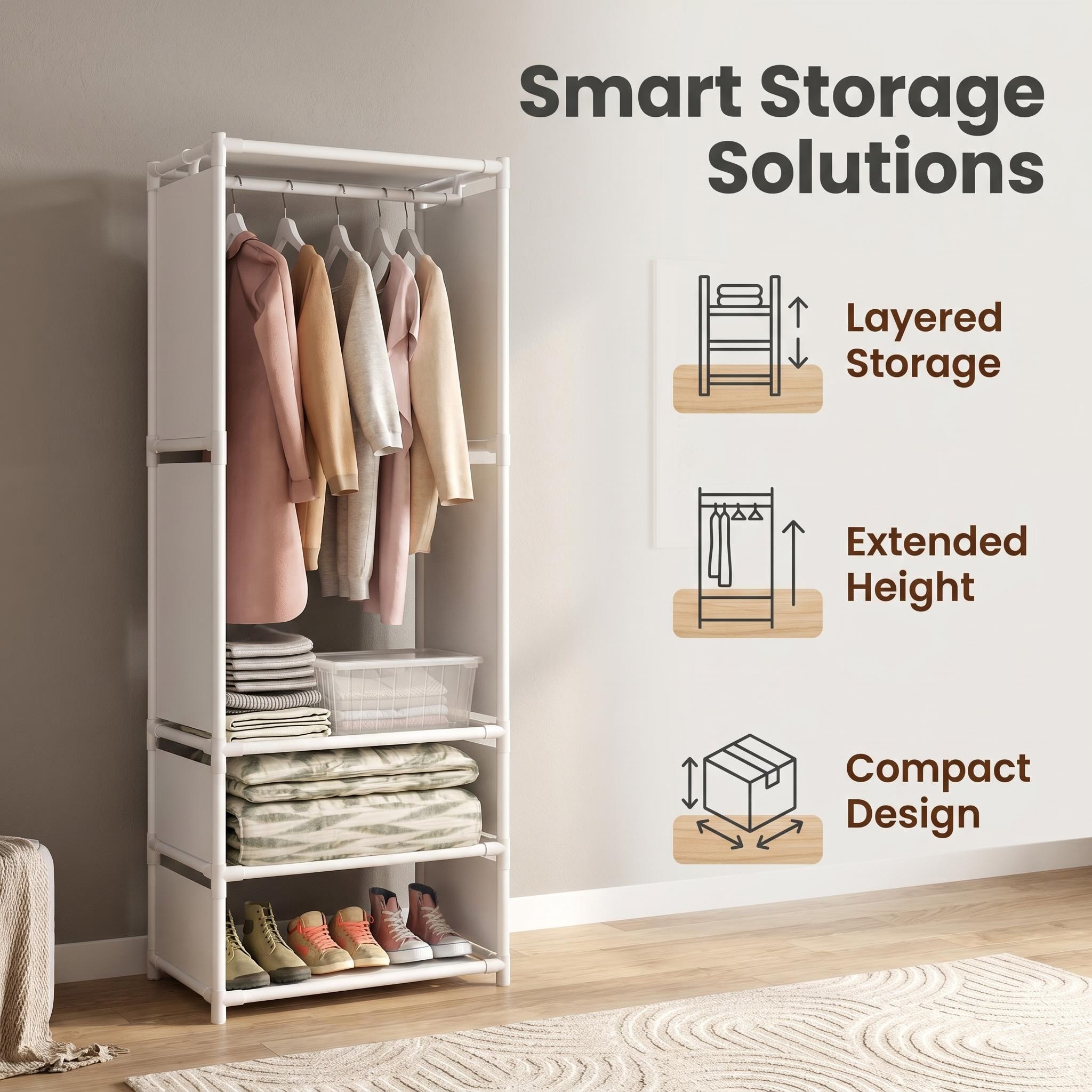Image of White Single Row Free Standing Garment Rack, 60x36x170cm Vertical Clothing Organizer With Multi Layer Shelves, All Coat Rack For Small Space Bedroom Entryway Apartment
