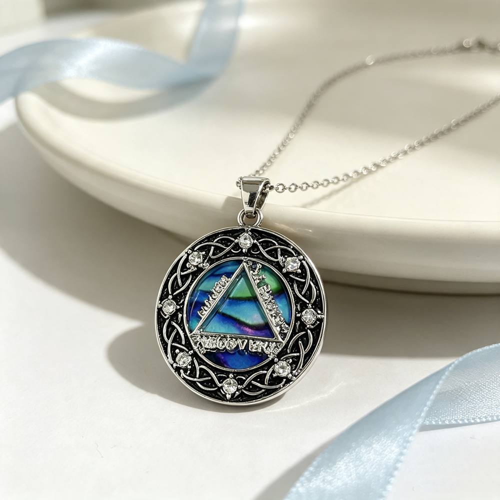 TEMU Aa Sobriety Necklace Celtic Knot Alloy Pendant, Stainless Steel Chain, Abalone Shell Symbol Jewelry, Inspirational Sober Gift For Sobriety