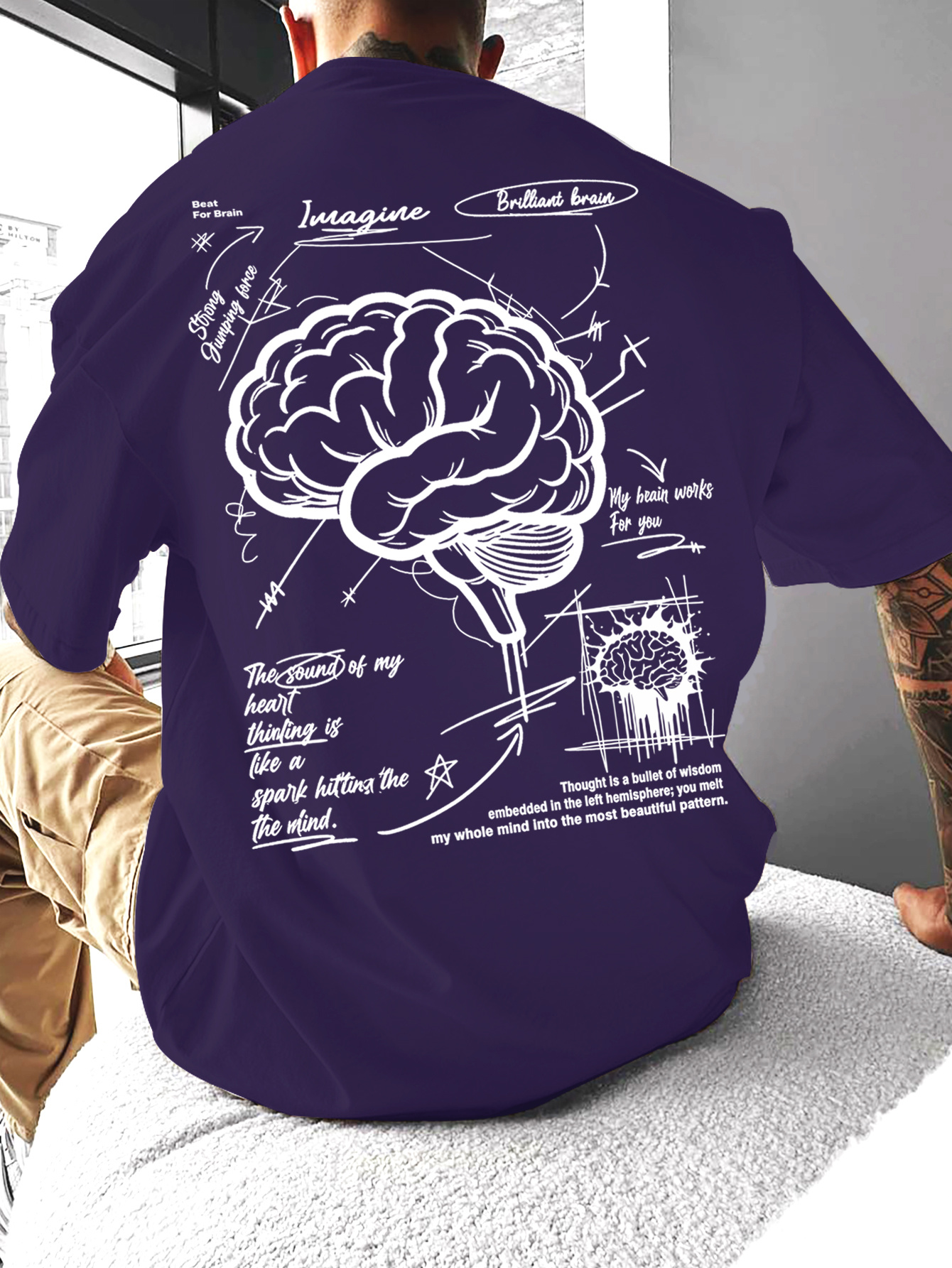 American Style Men'S Casual Round Neck T-Shirt with Thought-Provoking Slogan And Brain Print for Casual Gatherings And Trendy Outfits