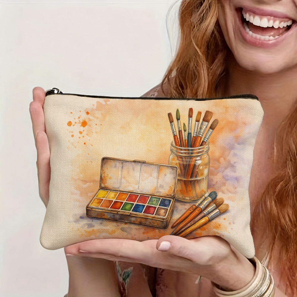 TEMU 1pc, Watercolor Painting Tool Printed Makeup Bag, Fashionable And Good-looking Storage Bag, Zipper Closure, Unisex Storage Bag, Multifunctional