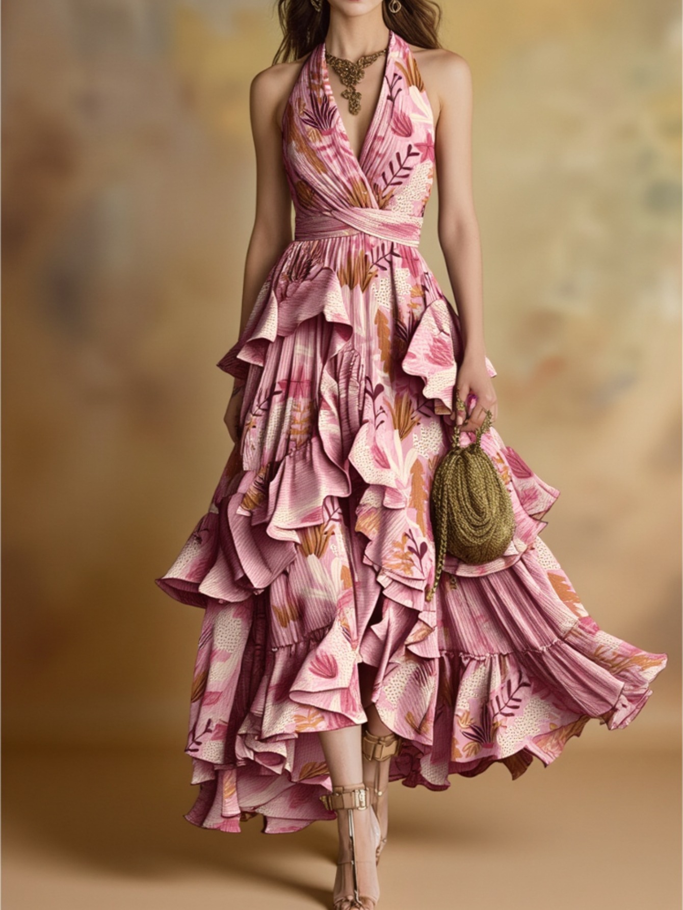 Pink-Brown Floral Halter V-Neck Maxi Dress with Waist-Tie & Asymmetric  Ruffle Hem - Wedding Guest Dress, Spring Summer Outfits Suitable for Date  Dinners * Niche Events