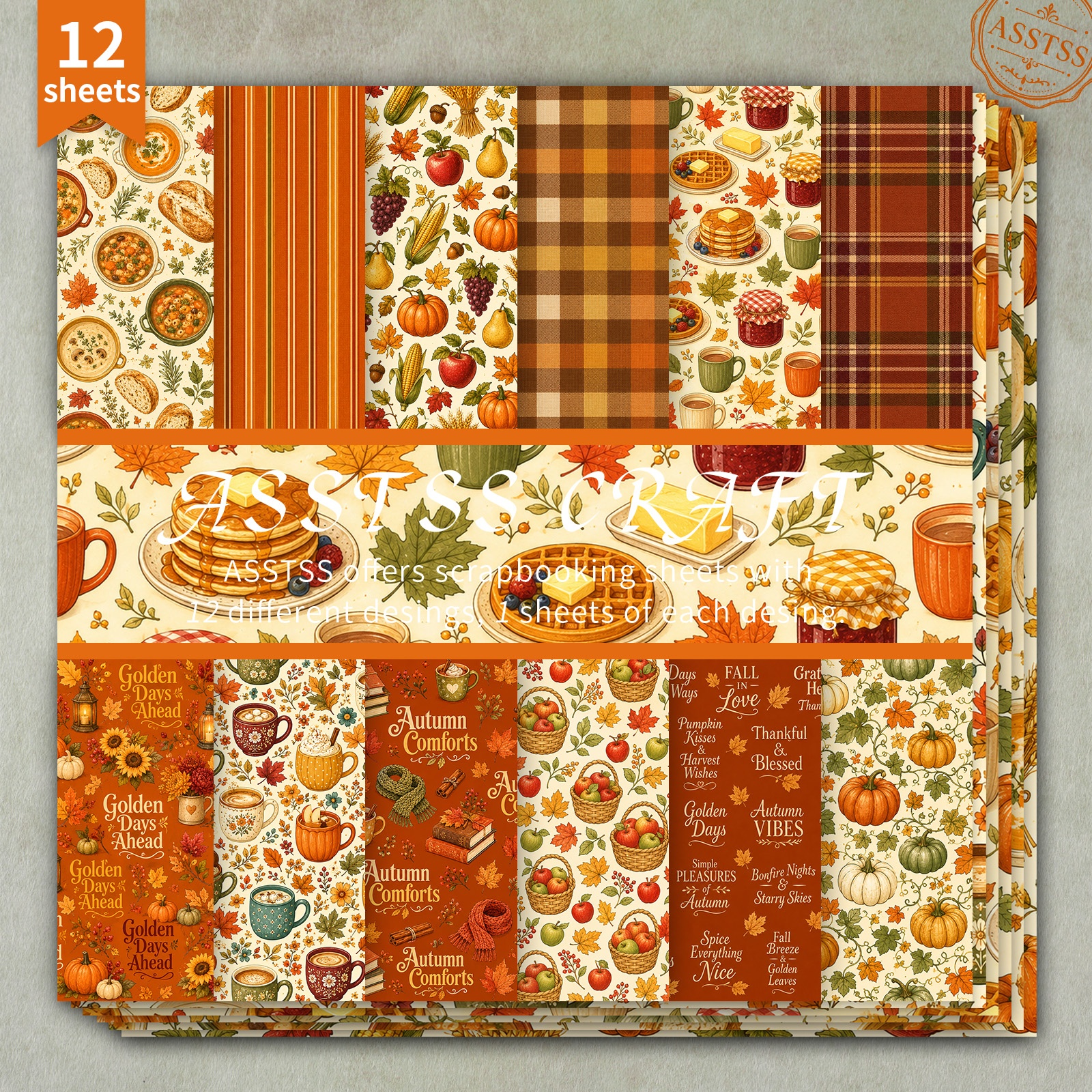 TEMU Lot de 12 feuilles de papier scrapbooking ASSTSS de 6X6 pouces, papier de base de style vintage Thanksgiving automne nourriture citrouille