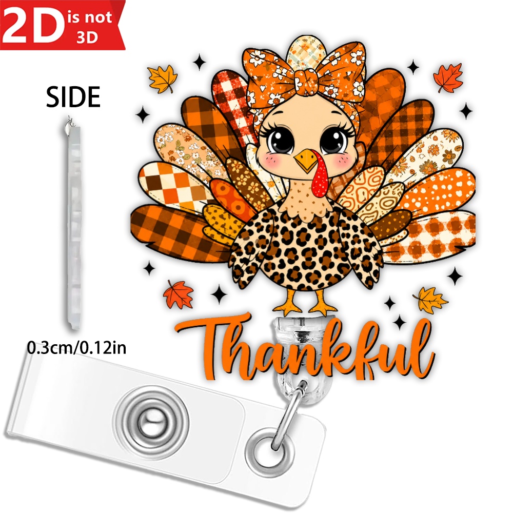 TEMU 2d Thanksgiving Turkey Acrylic Retractable Badge Lanyard, Cute Autumn Leopard Print And Plaid Leaf Design, 2d Printed Badge Holder, Thanksgiving