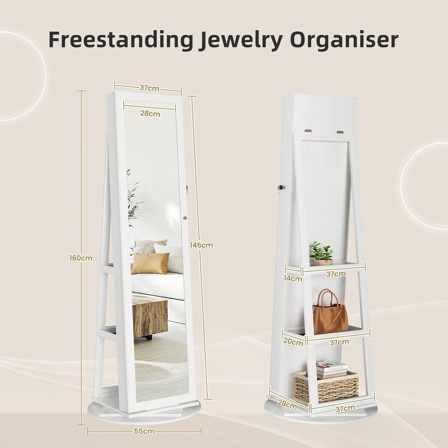 Image of Standing Mirror Jewelry Cabinet: Lockable Armoire With Full-length Mirror, Space- Organizer - Perfect Christmas Gift, Jewelry Armoires