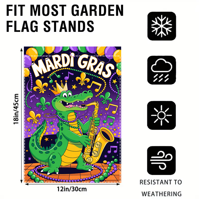 TEMU 2d Flat, 1pc, Mardi Gras Crocodile Flag, No Flagpole, 12x18inch, Durable Polyester, Courtyard Decoration, Perfect For Seasonal, Etc. Holiday