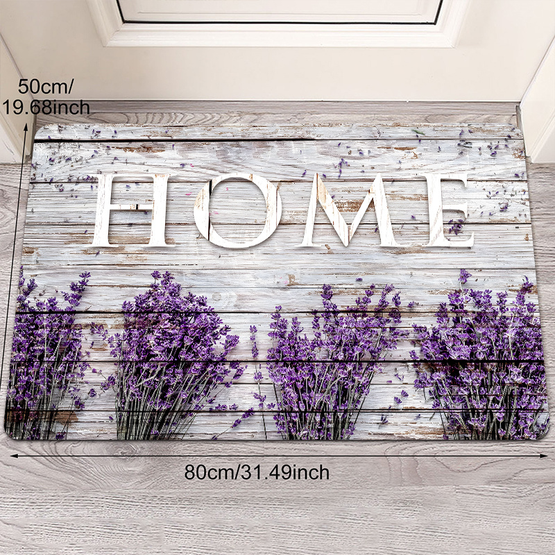 E-shop Rustikaler Holzstreifen mit Lavendel-HOME-Muster Bedruckte Türmatte Willkommen Bodenmatte, Rutschfest & Weiche Polyester Matte, Für Innen- und