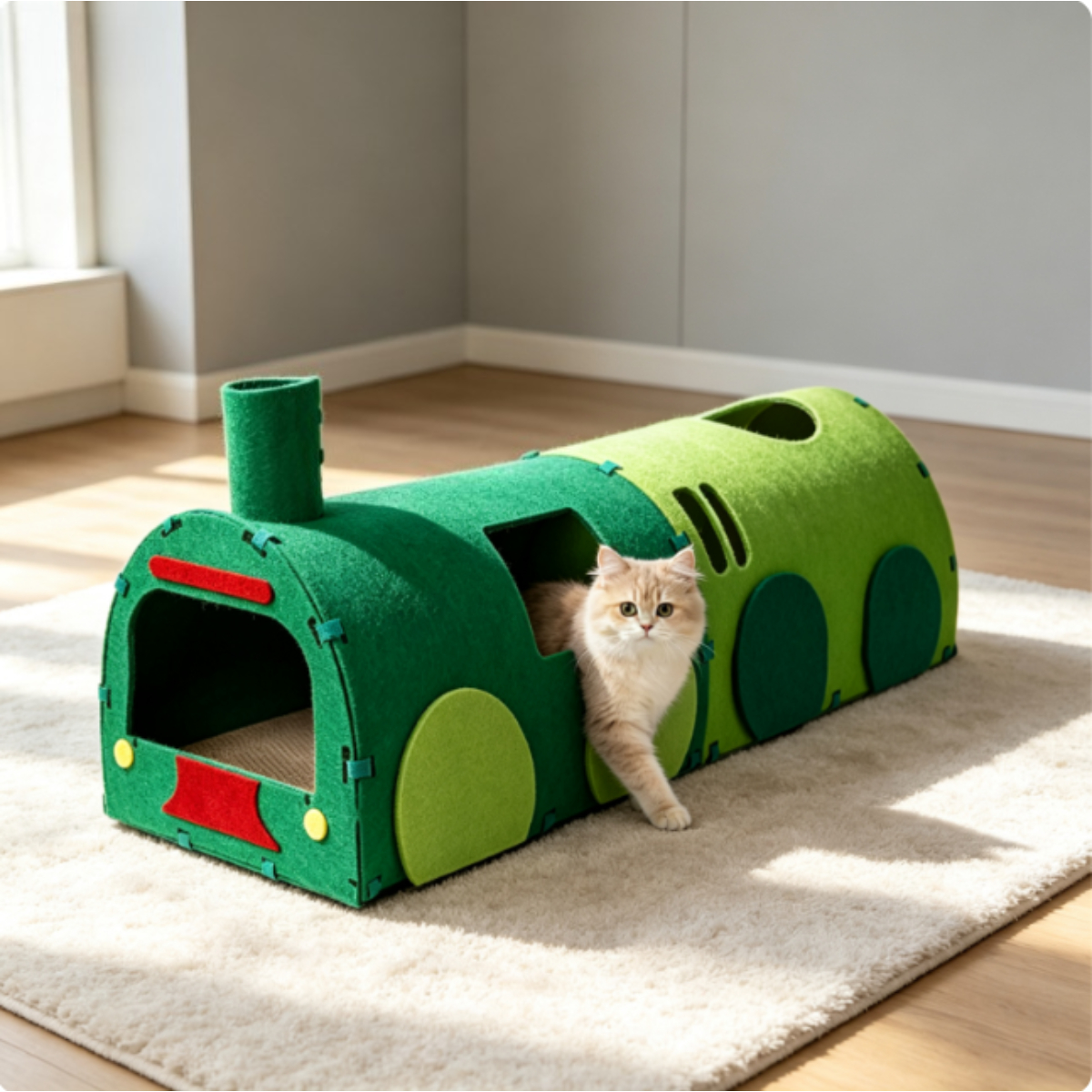 Image of Green Train-shaped Cat Tunnel, Cat Play Tube With Scratching Feature, 2-in-1 Cat Bed Toy For Indoor Cats And Kittens