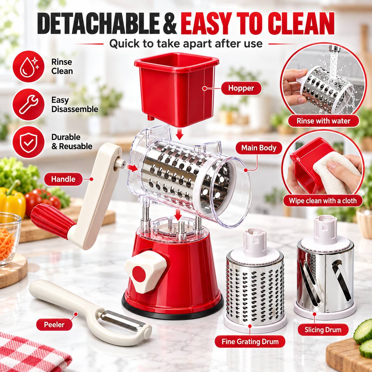3 in 1 manual rotary grater hand crank cheese and vegetable slicer with 3pcs stainless steel drums suction base kitchen food prep tool Product details 5