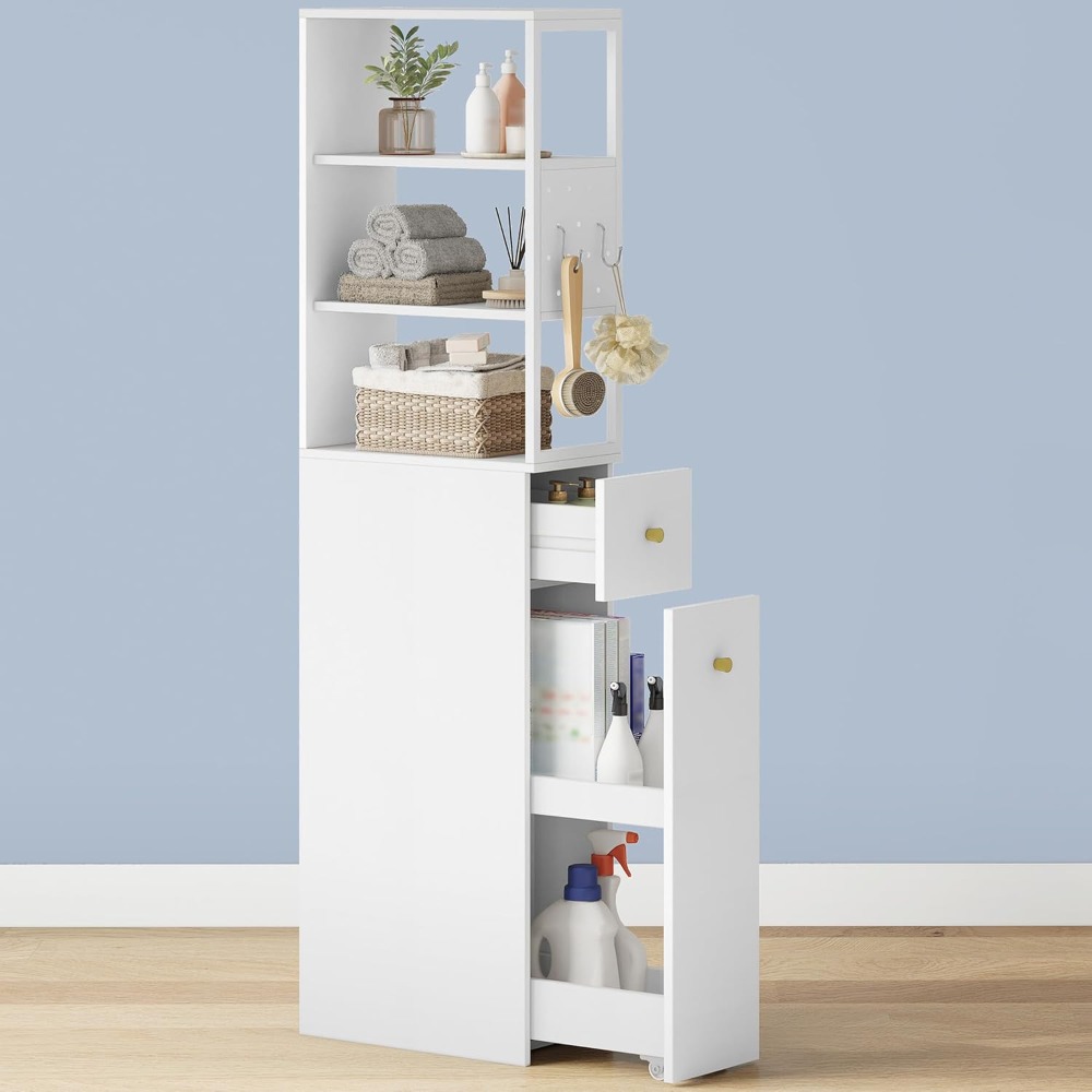 Bathroom Cabinet High, Niche Cabinet, Bathroom Cabinet Narrow, With Drawer On Rollers, 3 Open Shelf Levels, High Cabinet, Side Cabinet, 40 X 20 X 140cm, White