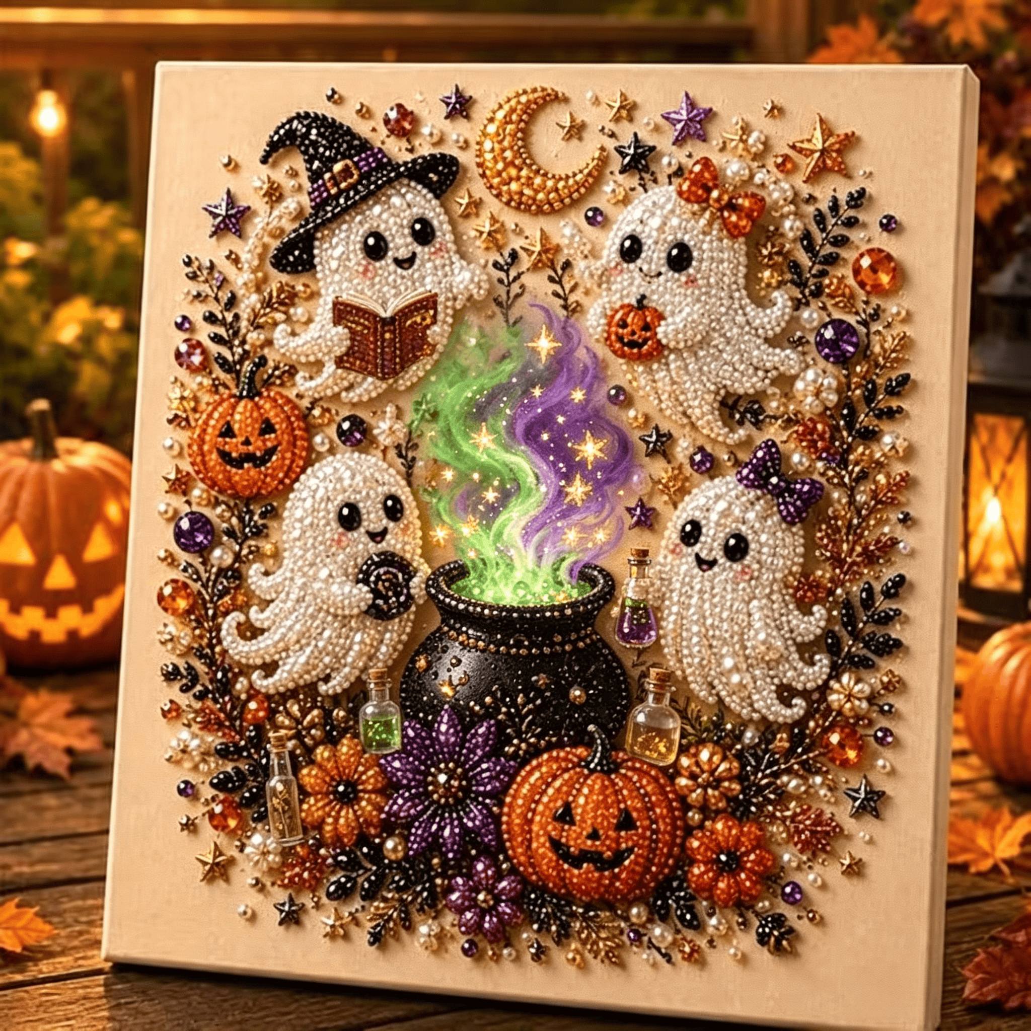 TEMU New Handmade Pearl Irregular Drill Diamond Inlay Diamond Painting, Classic Magic Halloween Soft- Witch, Magic Book, Pumpkin Theme, And Bedroom