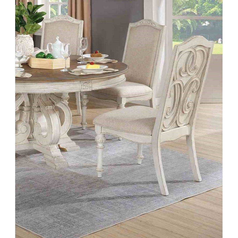 antique white dining room 9pcs set table w leaf and 6x side chairs 2x arm chairs ivory fabric upholstered seat Product details 9