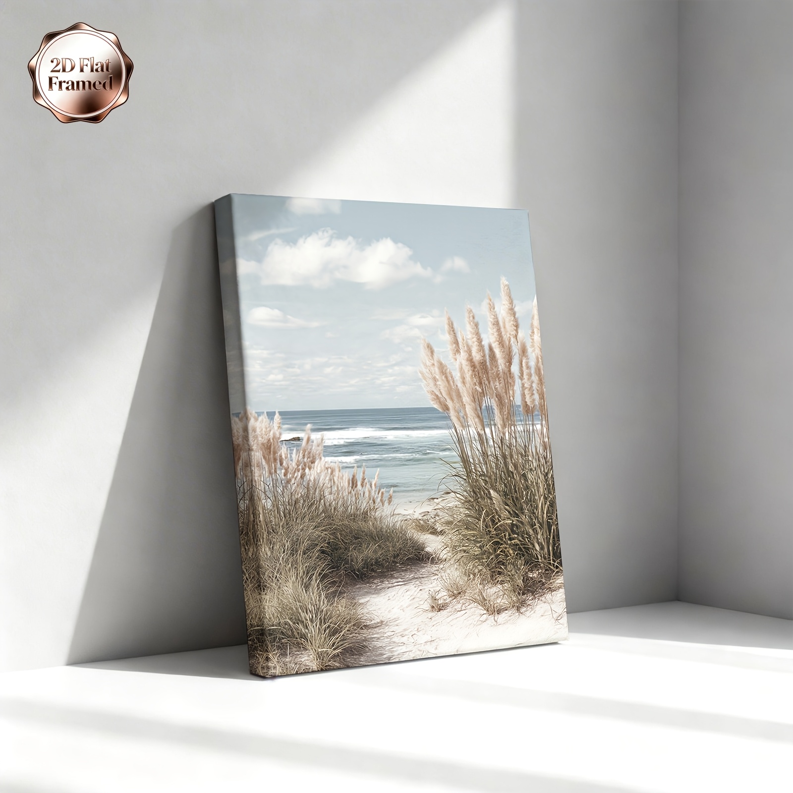 TEMU 2d Flat, 2d Flat, 2d Flat Canvas Painting, Framed, Featuring A Coastal Beach Path With Reeds And , Suitable For Decorating Living Rooms,