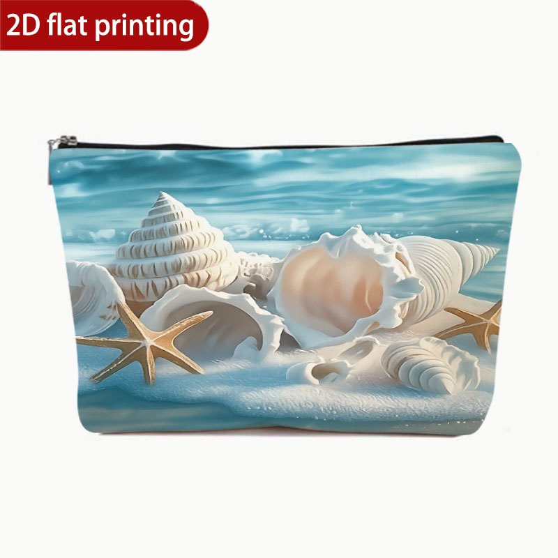 TEMU 1pc Seashells And Starfish Patterned Polyester Makeup Bag, Travel Makeup Bag, Multi-functional Makeup Bag, Toiletry Bag, 2d Flat Printing,