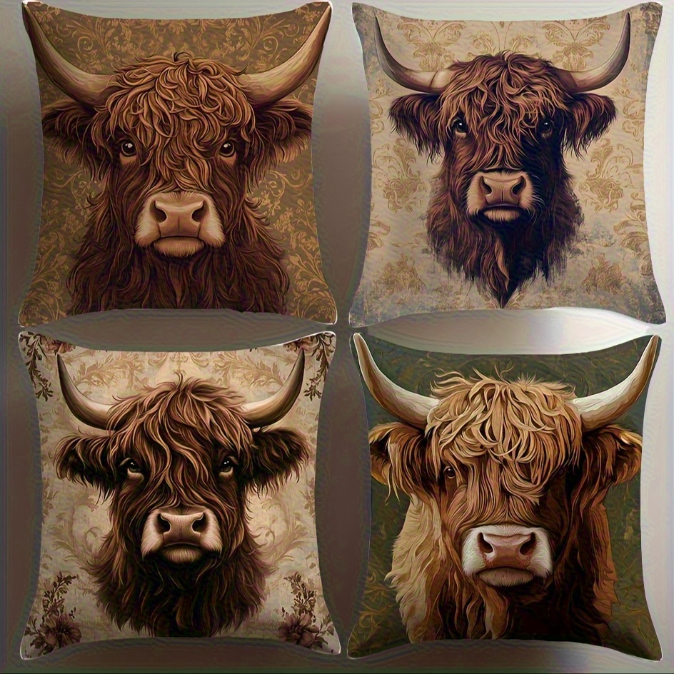 TEMU 4pcs Highland Cow Art Pillow Covers, Rustic Elements, Cute Cow Pillowcase Home Decor Pillowcase, Ideal As Holiday Gift For Living Room, Sofa,