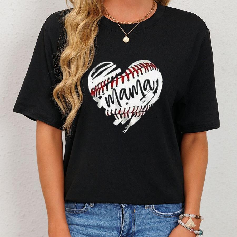 

Sporty Design| Mama" Heart & Baseball Graphic Tee For Women - Casual , Soft Polyester & Spandex , Machine Washable, Day