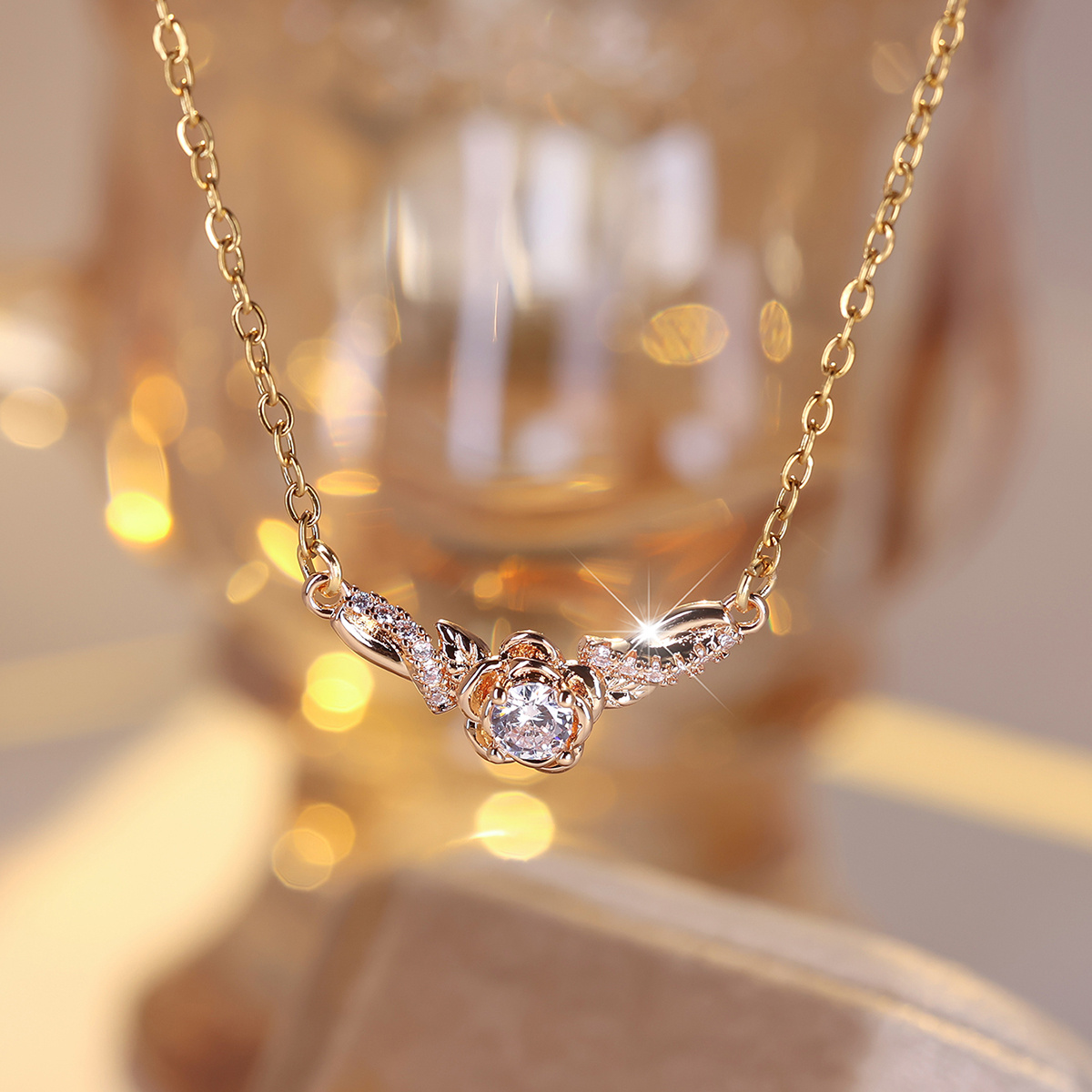 Curved Floral Statement Necklace with Synthetic Zirconia
