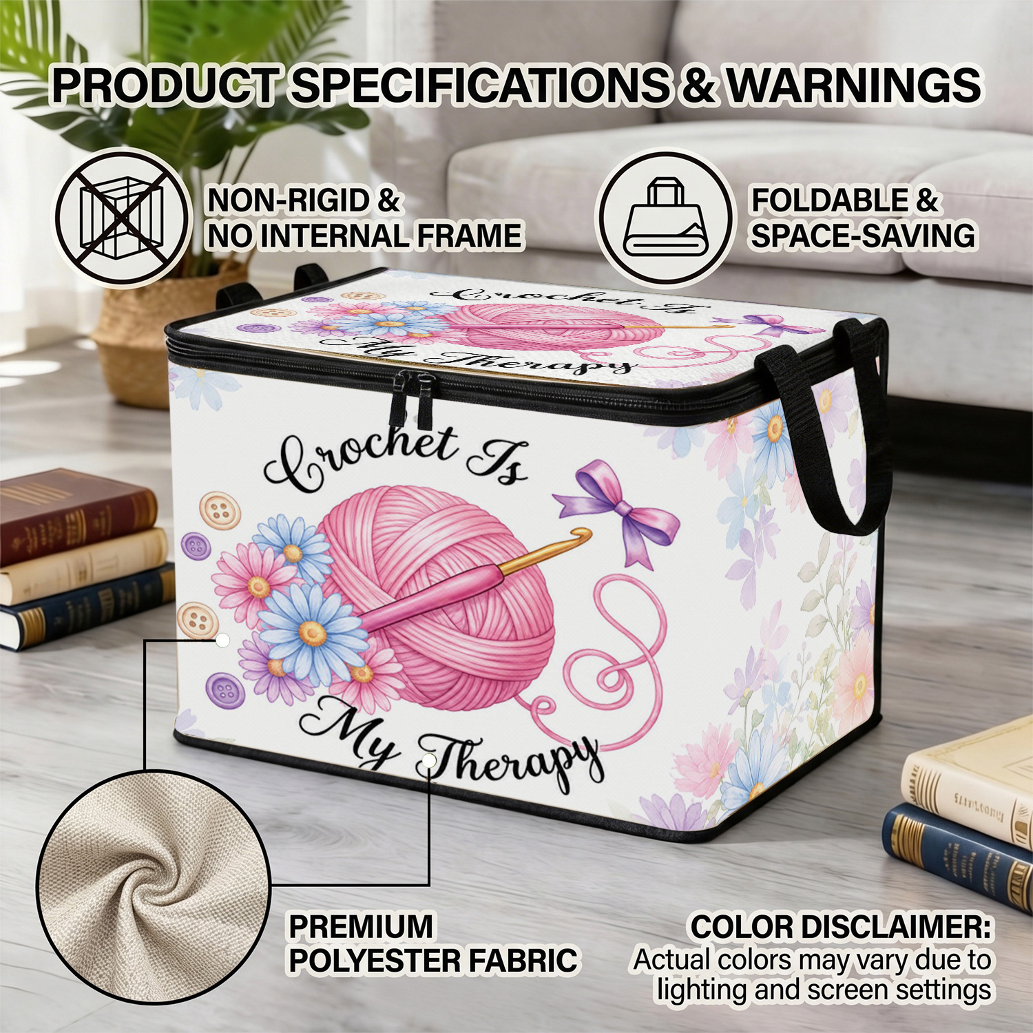 TEMU 1pc Crochet Yarn Theme Printed Storage Box Under-bed Storage, Exquisite Crochet Yarn Pattern Appearance, Suitable For Storing Home Textiles,