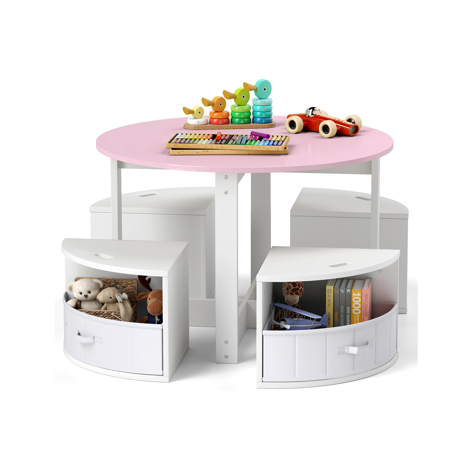 Kids Table And Chair Set, 5pcs Kids Round Nesting Table With 4 Storage Stools For Activity, Play, Art, Read, Craft, Eat, Playroom, Classroom