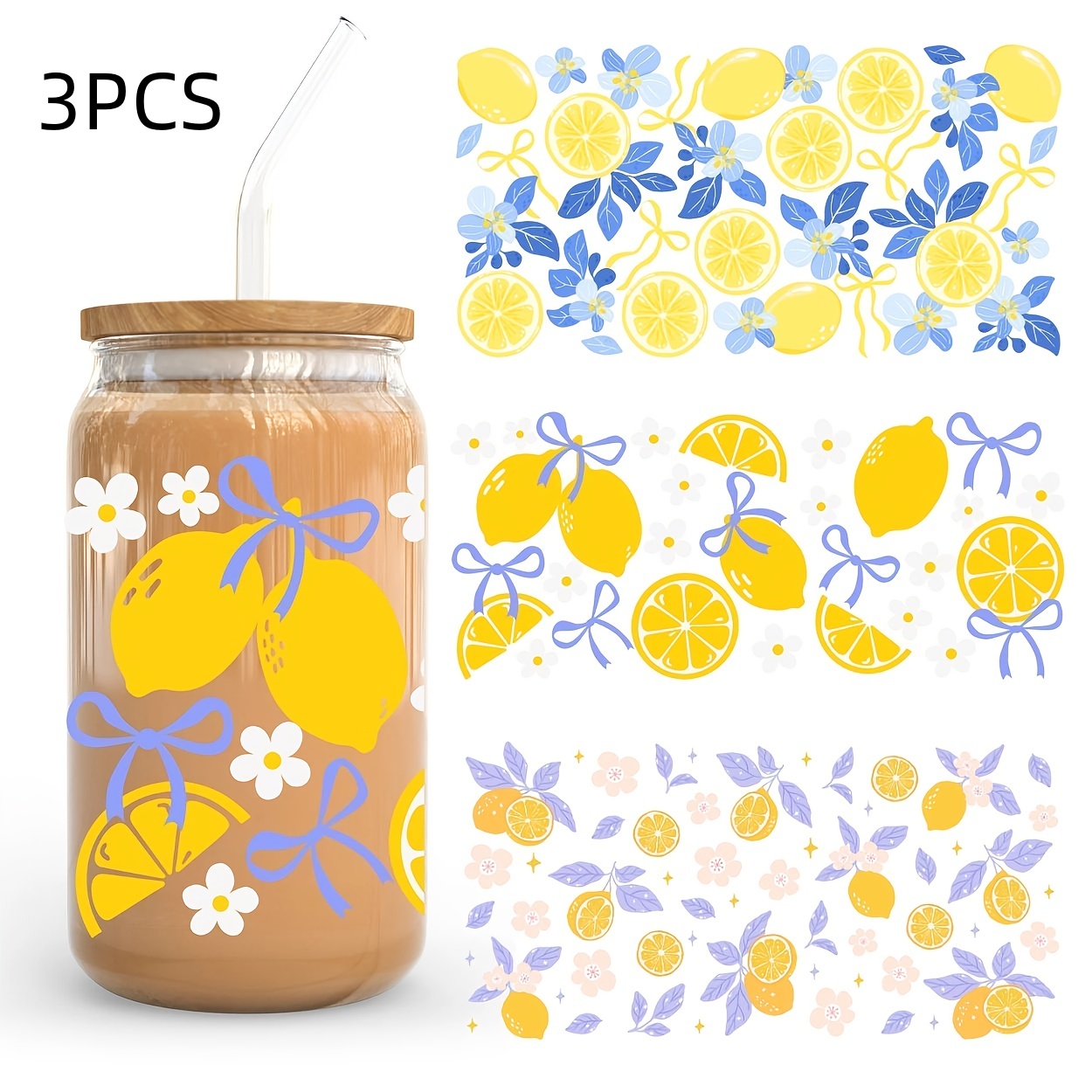 TEMU Ensemble de 3 manchons de tasse en DTF UV avec motif citron et fleurs - Papier de transfert rose clair avec des jaunes, , roses, verts et blancs