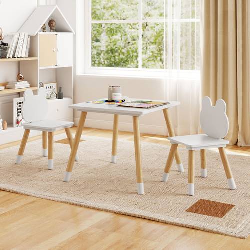3pcs kids wooden table chair table with 2 chairs cute design solid wood legs multifunctional toddler desk set for reading playing crafting painting suitable for age 3