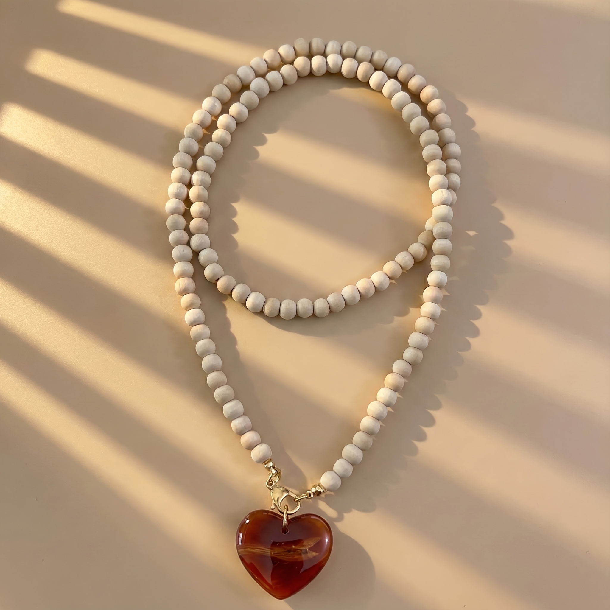 TEMU Wind Clavicle Chain Necklace, Women's Bohemian Style Wooden Bead Necklace With Heart Pendant - Stackable Sweater Chain, Vintage Ethnic Jewelry,
