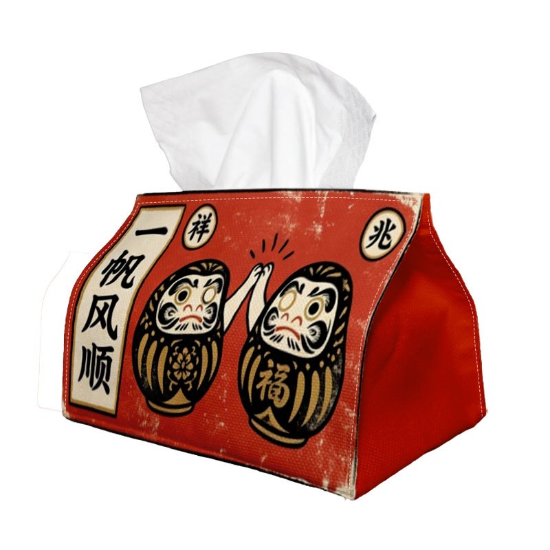 TEMU 1pc Vintage Asian Folk Tissue Box-daruma Doll & Red Print, Durable Fabric For Kitchen, Living Room, Bedroom, Car For Home & Party Decorations,