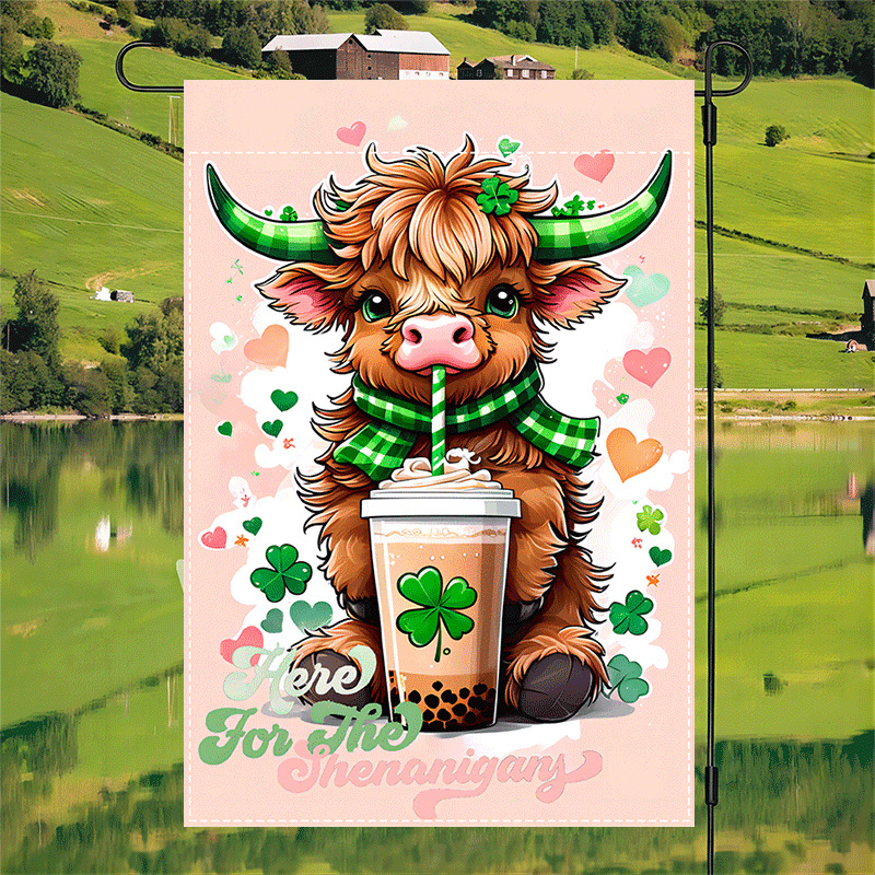 

1pc, Pink Cute Highland Cow Garden Flag, St Patrick's Day Cow Design Seasonal Welcome Banner Spring Celebration Holiday Decorations, Double Sided Waterproof Burlap Flag 12x18inch