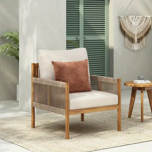 modern woven lounge chair with solid wood frame and comfortable polyester cushions ideal for patio garden or balcony