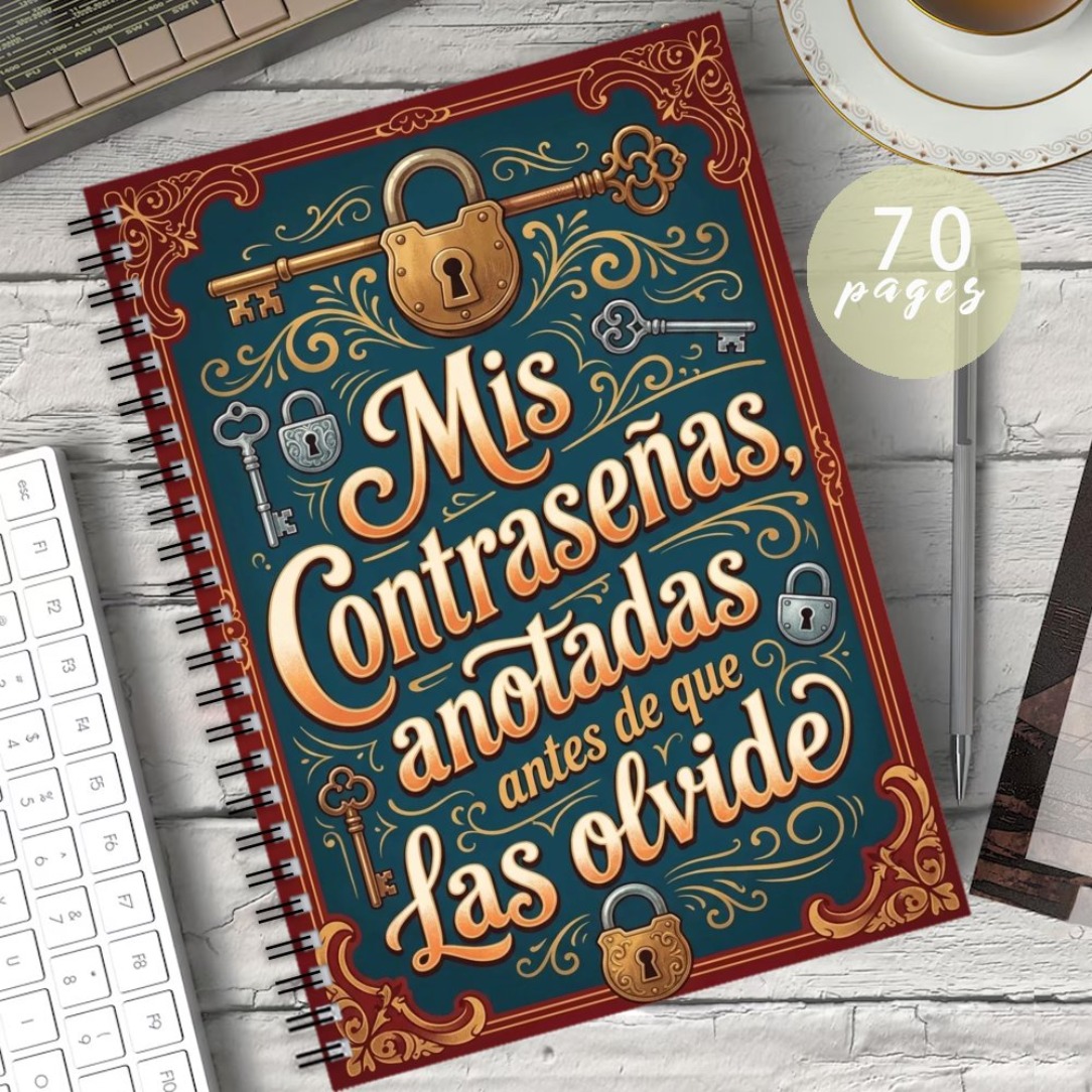 TEMU Cuaderno de papelería 1 Tamaño A5, cuaderno de tapas en , para guardar contraseñas en español, con diseño de cubierta de llave y candado, 70
