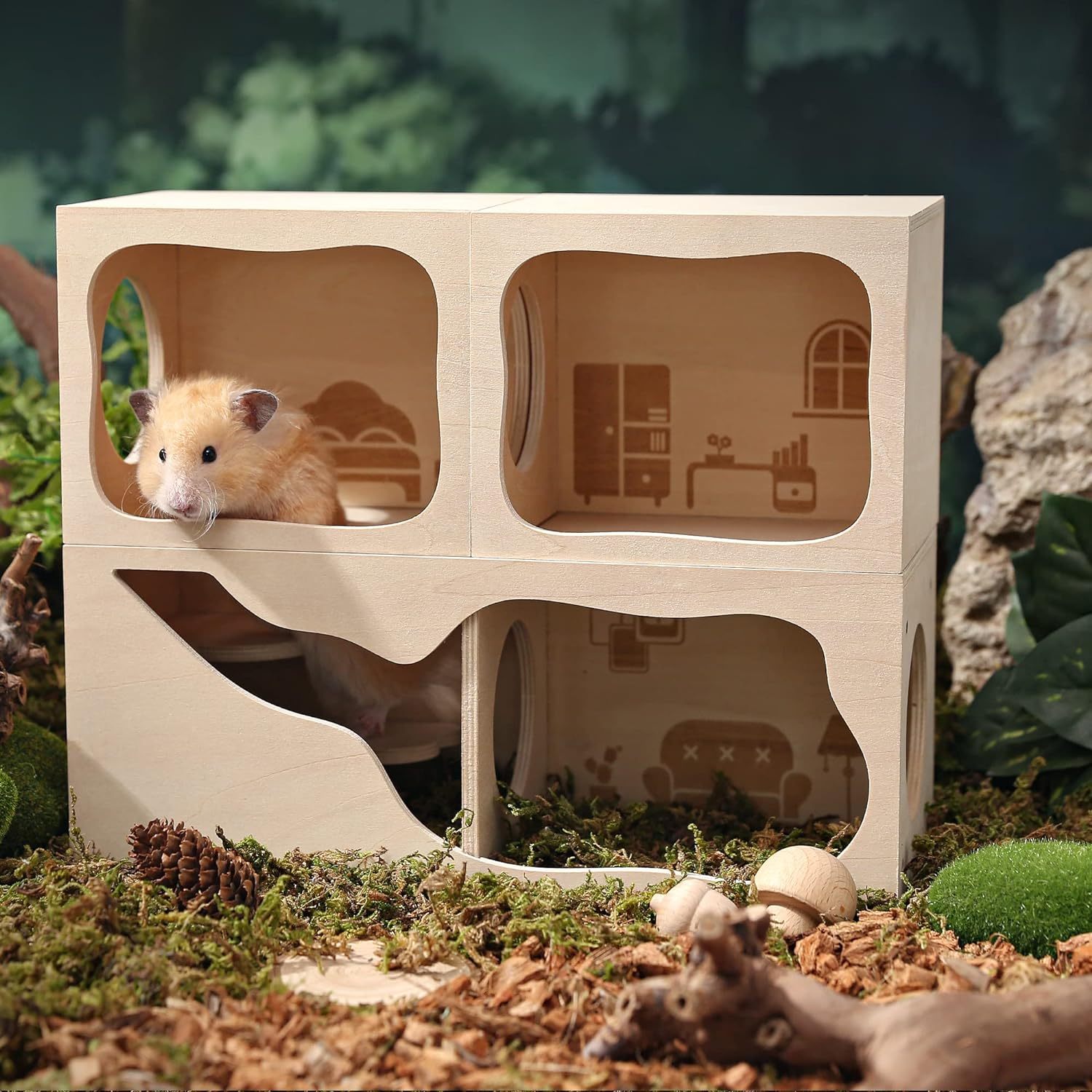 Fhiny Hamsterversteck Aus Holz – Mit Leiter, 2 Kammern, 19,8x19,8x9,4 Cm, Für Kleintiere