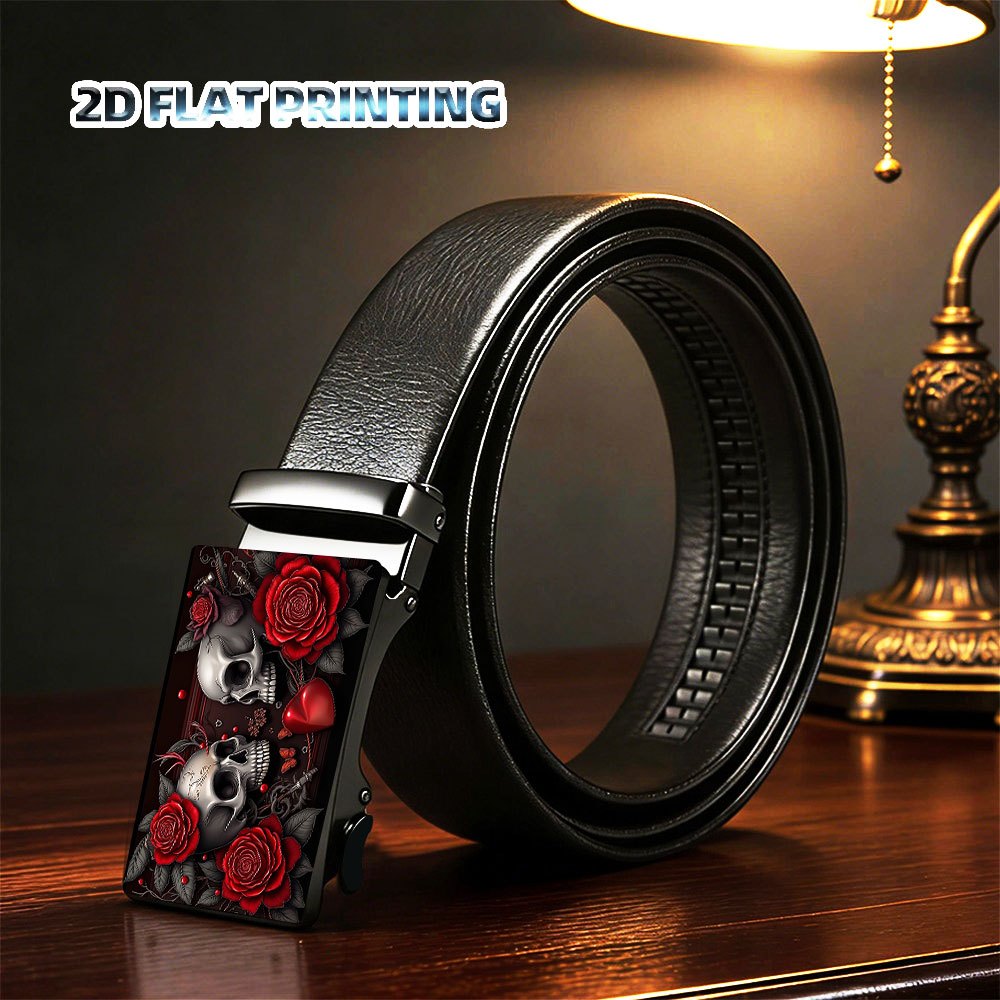 TEMU 2d Printed Belt, Pattern With Skull And Rose, Durable High-quality Men's Belt, Adjustable Automatic , Stylish Holiday Gift, Fashionable