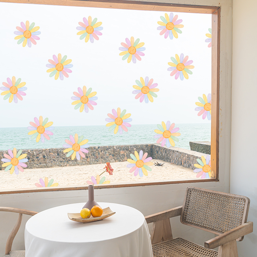18pcs Daisy Static Cling Window Stickers - Removable & Vinyl Decals With Soft Pink/yellow/blue Daisies & Orange , Semi-matte Flower Patches Suitable For Windows, Mirrors, Home,, Office - & Stick