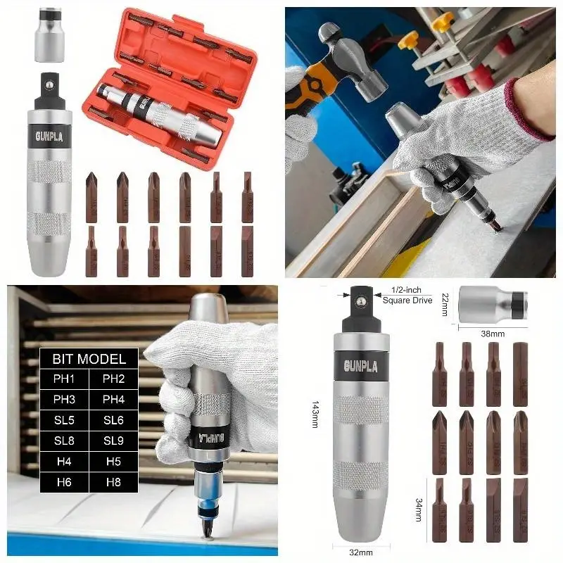 12pcs heavy-duty industrial impact screwdriver set - manual operation, no power required - with phillips/slotted/hex drivers, ratchet mechanism - for automotive, construction, manufacturing - durable 40cr alloy steel construction - ideal for professionals & diy projects, impact drivers, automotive maintenance, precision tools, power tool alternative, professional mechanics, construction workers Product details 0