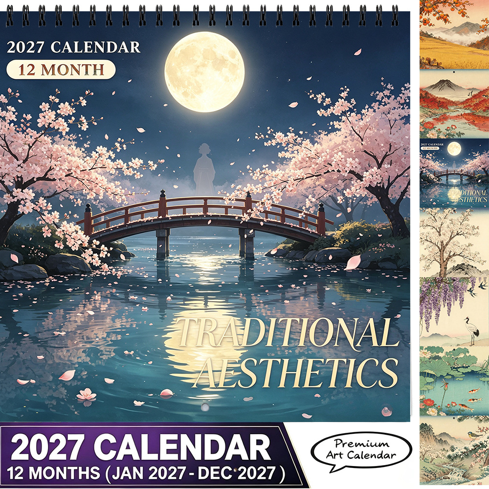 TEMU 1pc, 8.3x8.3 Inch 2027 Wall Calendar 12 Month Traditional Japanese Cherry Moon Scenery Art Calendar Monthly Planner Home Office Wall Decor Gift