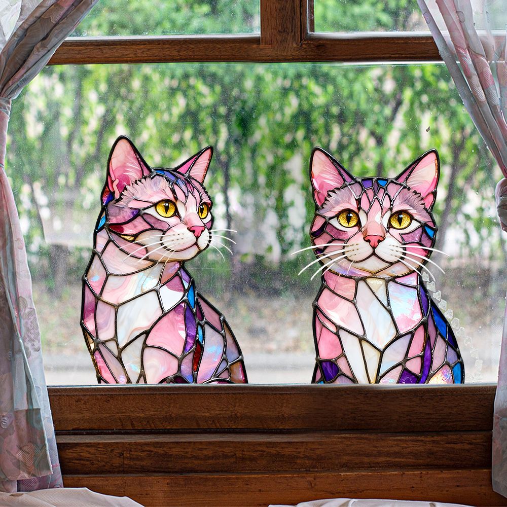 TEMU 2d Flat, 2pcs 2d Flat Painted Cat Decorative Window Stickers, 2 Mosaic Cats Window Decals, Suitable For Home, Bedroom, Window Glass Decoration,