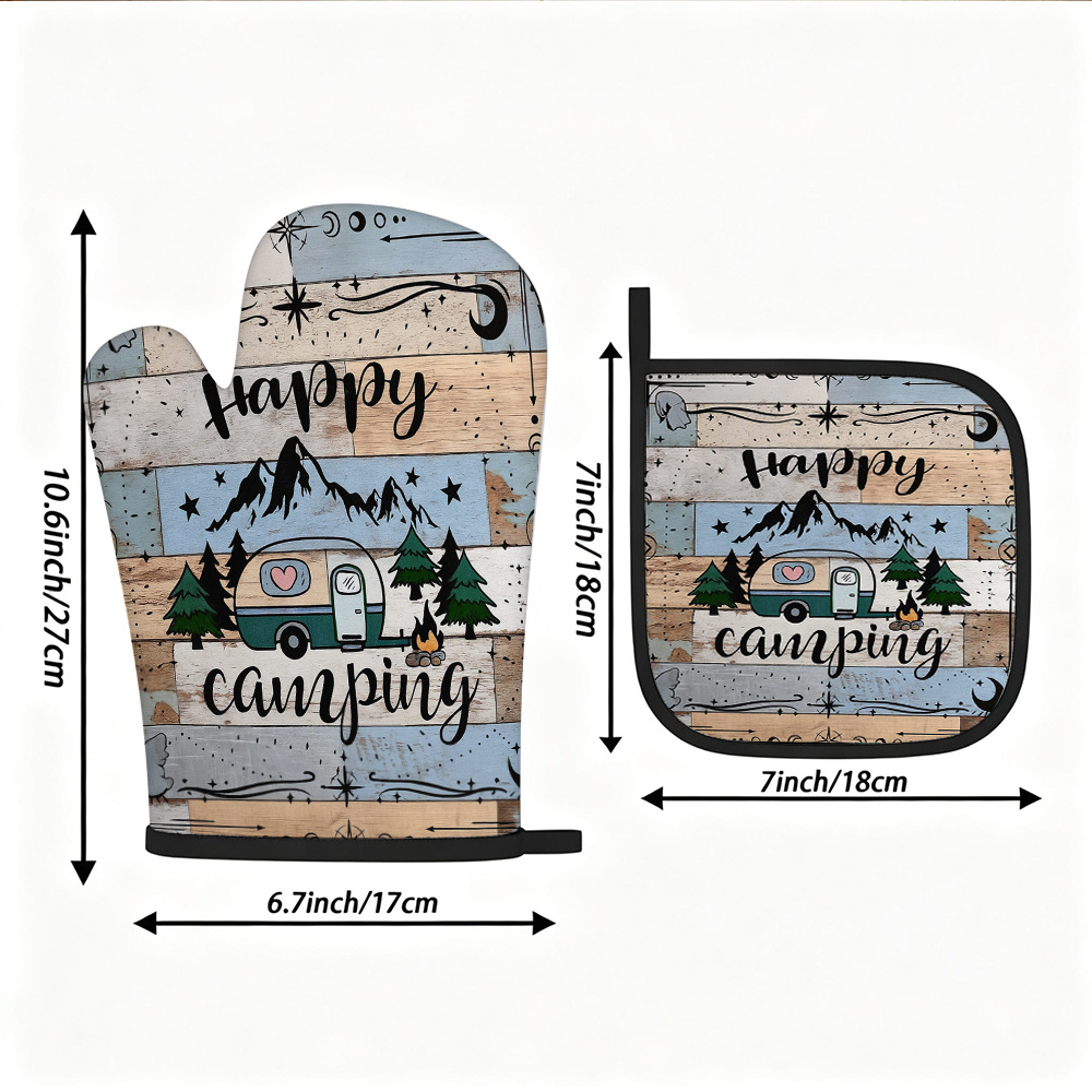 TEMU 1 Set Of 2pcs Oven Mitts And Pot Holders, Retro Camping Rv And Starry Sky , Printed With "", With Background And Black Edging, Ideal For Kitchen