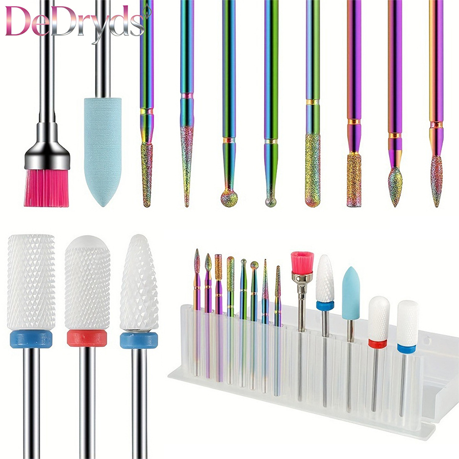 TEMU 13 piezas de brocas de cerámica para taladro de uñas y eléctricas, aptas para uñas de acrílico y gel, punta triangular/trapezoidal/, compatible