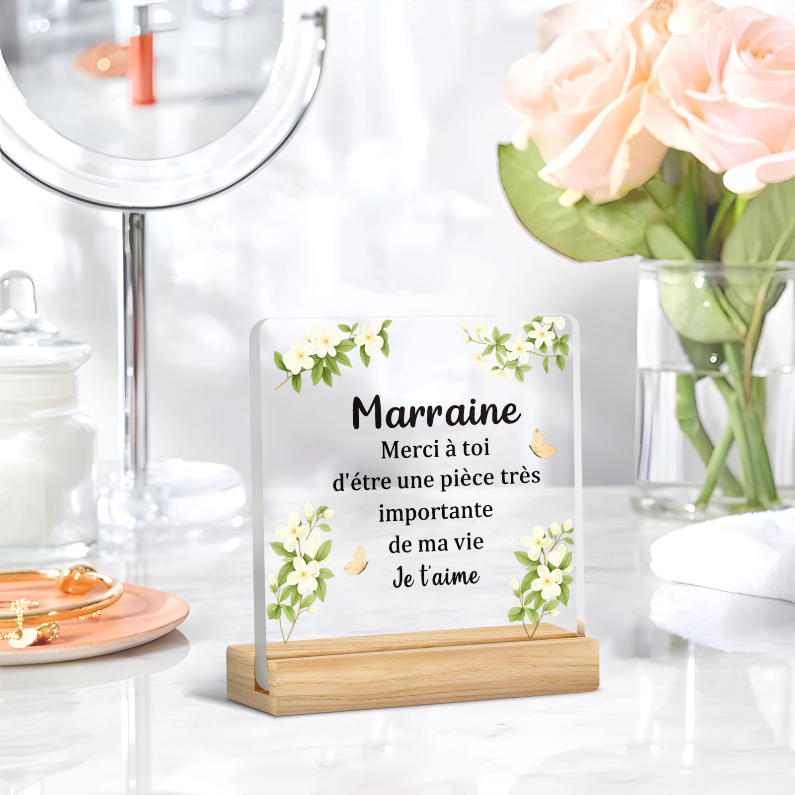 TEMU Plaque plate 2D "Marraine" Marraine Française, Cadeau pour Anniversaires, Fête des Mères, Baptême - Décoration de Table en Acrylique avec