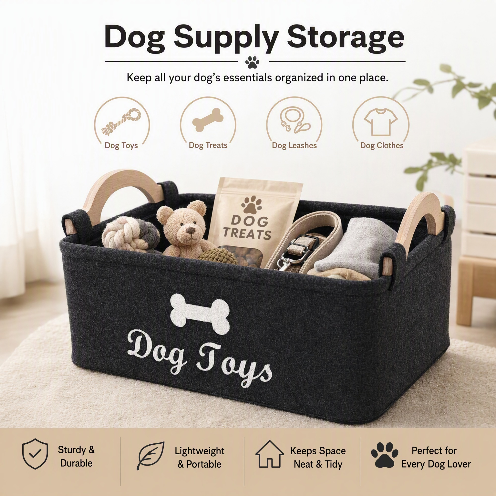 TEMU Jynor 1pc Supplies Storage Bin With Wooden Handle, Collapsible Pet Storage Basket For Toys, Treats, Leashes & Additions, Pet Toy Organizer And