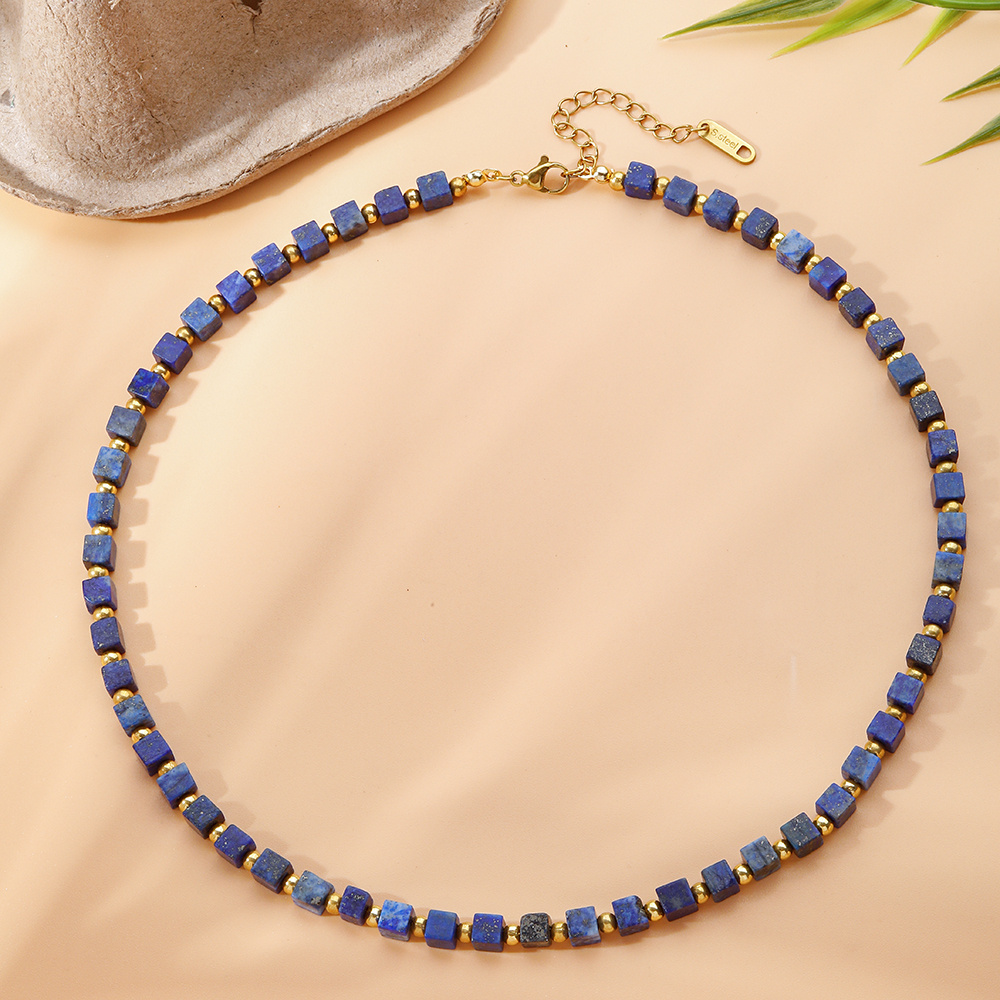TEMU 1pc Handmade Natural Bead Necklace For Women - Bohemian Square Choker With Stone Beads, Jewelry Gift Suitable For Summer Vacations, Birthdays,